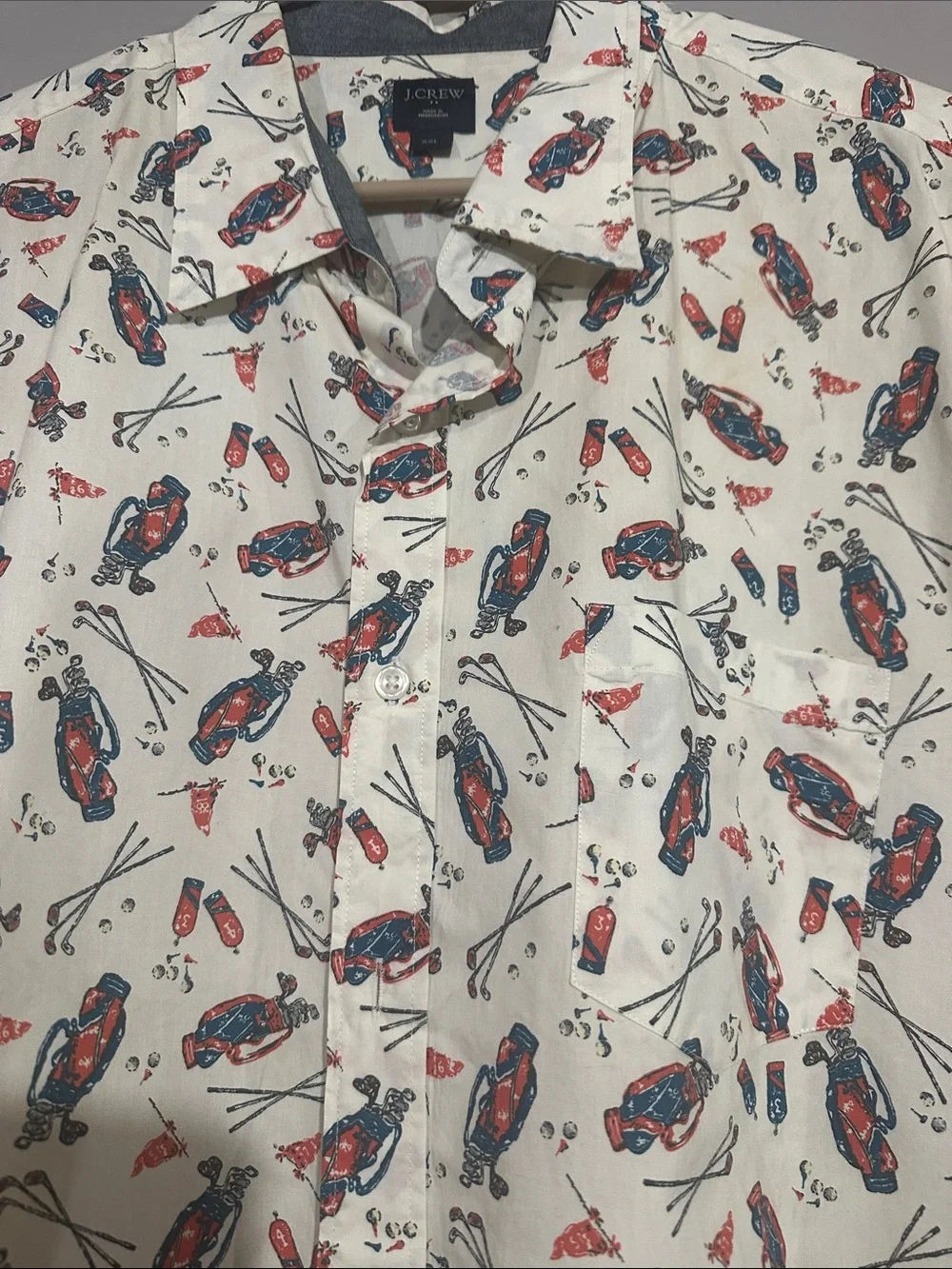 J. Crew White Short-Sleeve Button-Down with Red & Blue Novelty Print